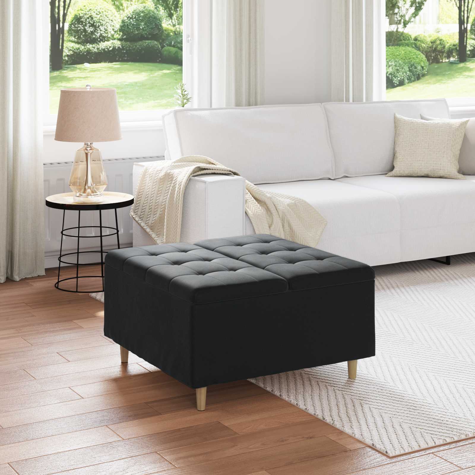 Puff de armazenamento com almofada preto 80 x 80 x 45 cm veludo