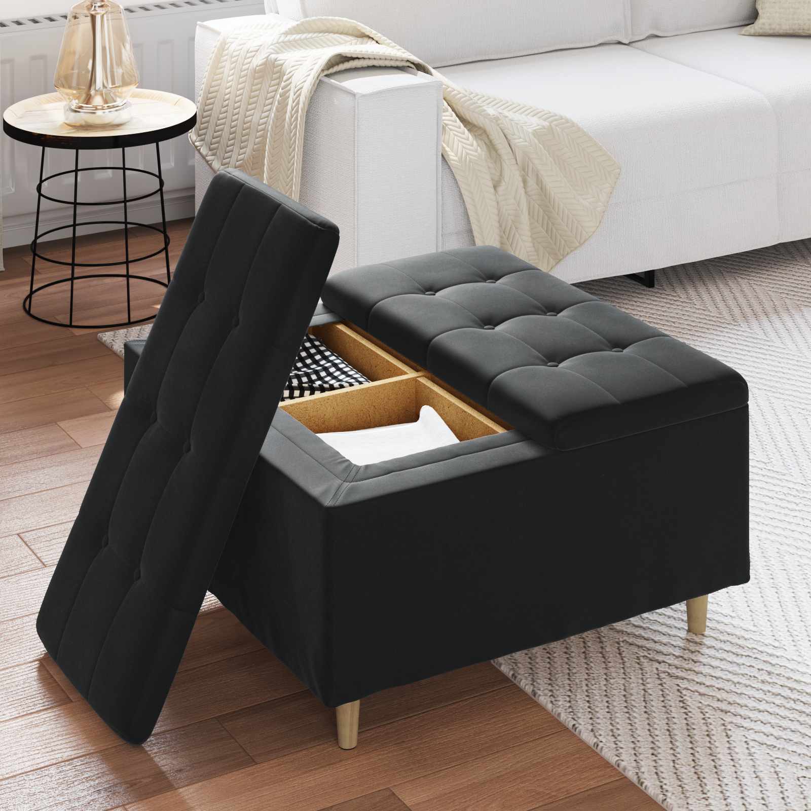Puff de armazenamento com almofada preto 80 x 80 x 45 cm veludo