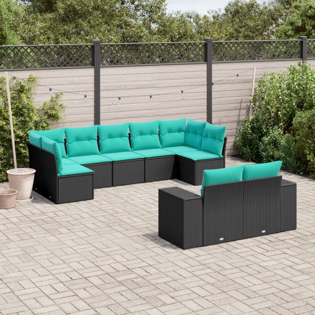 Conjunto de sofá de jardim de 9 peças com almofadas em rattan sintético preto
