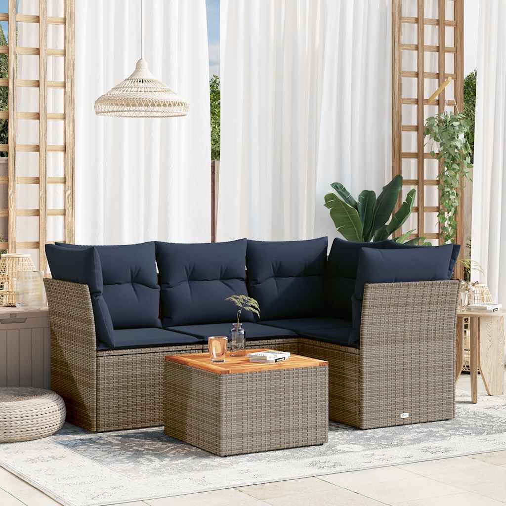 5 Pcs conjunto sofás p/ jardim c/ almofadões vime PE cinzento