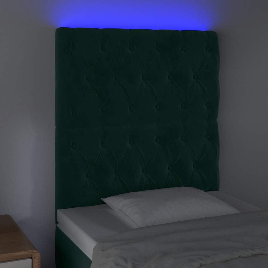 Cabeceira de cama c/ LED veludo 80x7x118/128 cm verde-escuro
