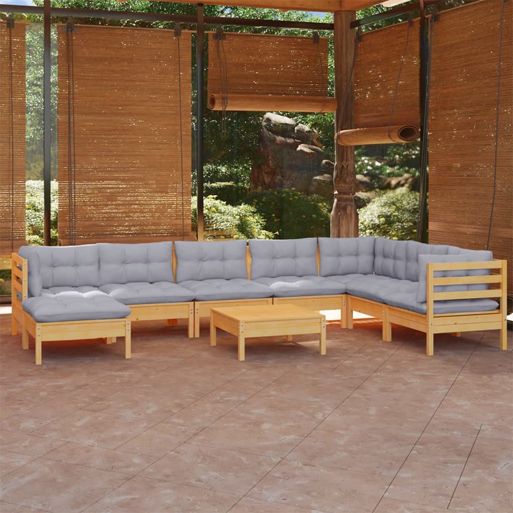 9 Pcs conjunto lounge de jardim + almofadões cinza pinho maciço