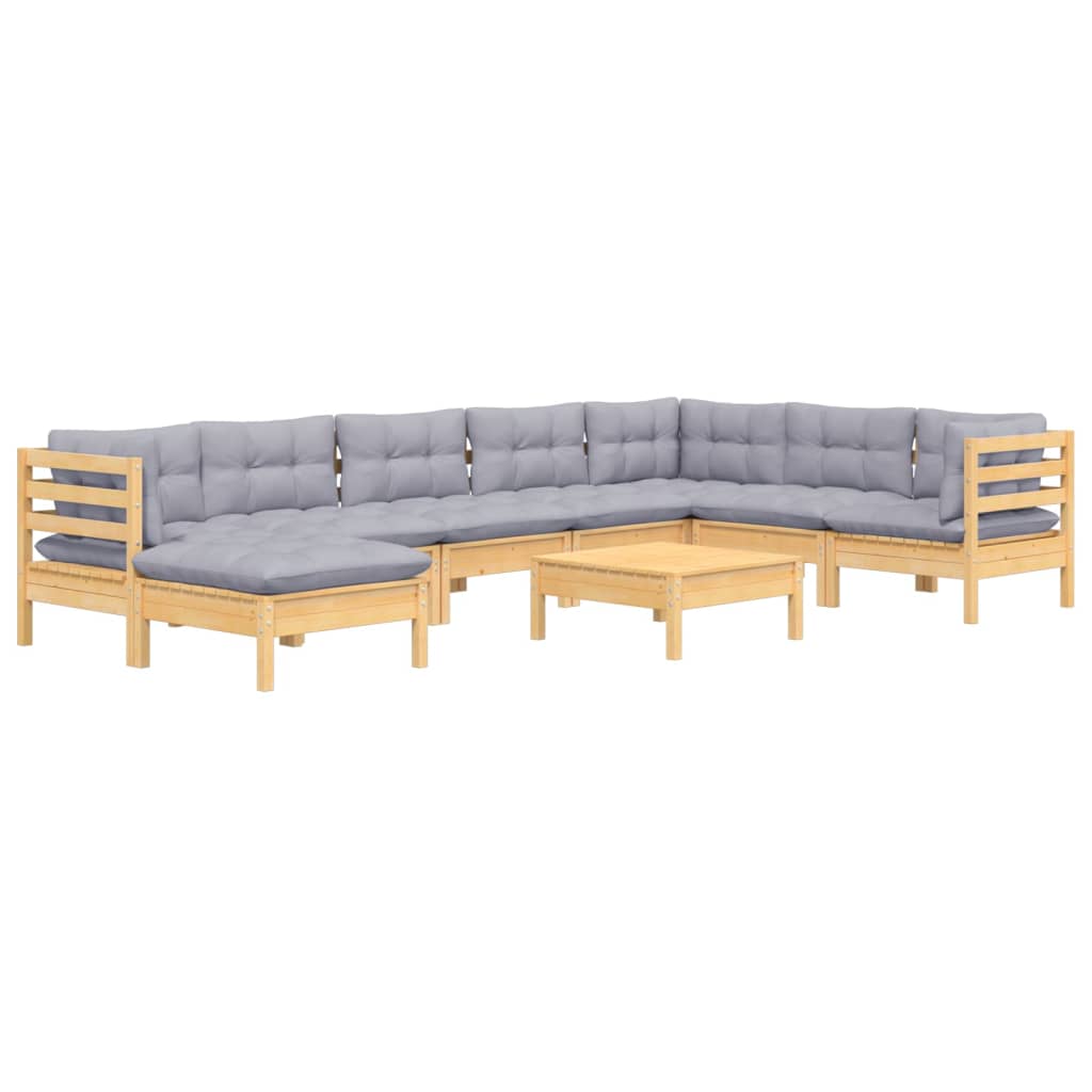 9 Pcs conjunto lounge de jardim + almofadões cinza pinho maciço