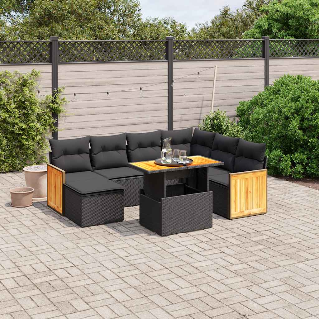 8 Pcs conjunto sofás de jardim com almofadões vime PE preto