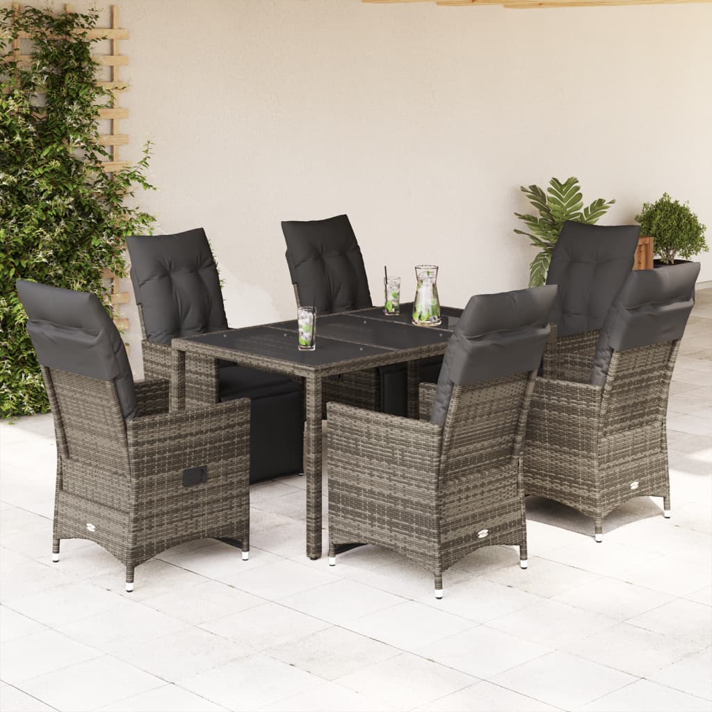 7 Pcs conjunto bistrô de jardim c/ almofadões vime PE cinza