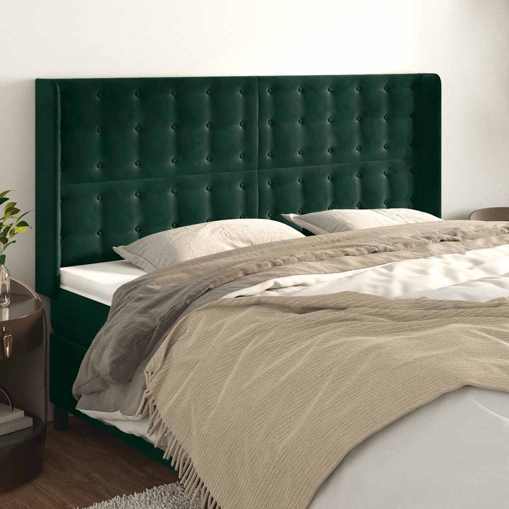 Cabeceira cama c/ abas veludo 203x16x118/128 cm verde-escuro