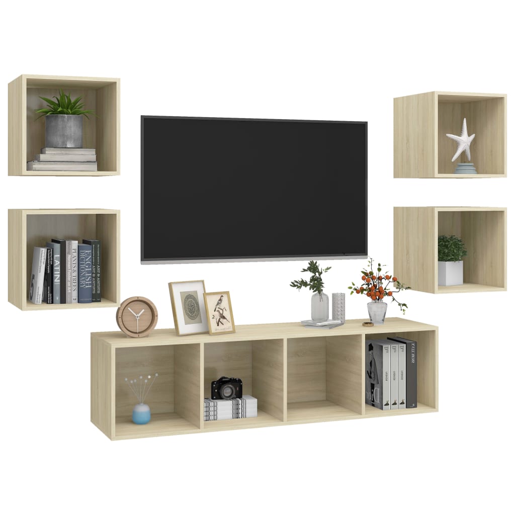 5 Pcs conjunto móveis de TV derivados madeira carvalho sonoma