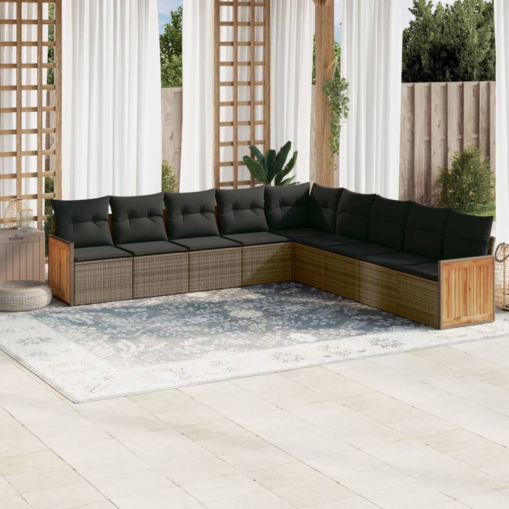 9 Pcs conjunto sofás p/ jardim com almofadões vime PE cinzento