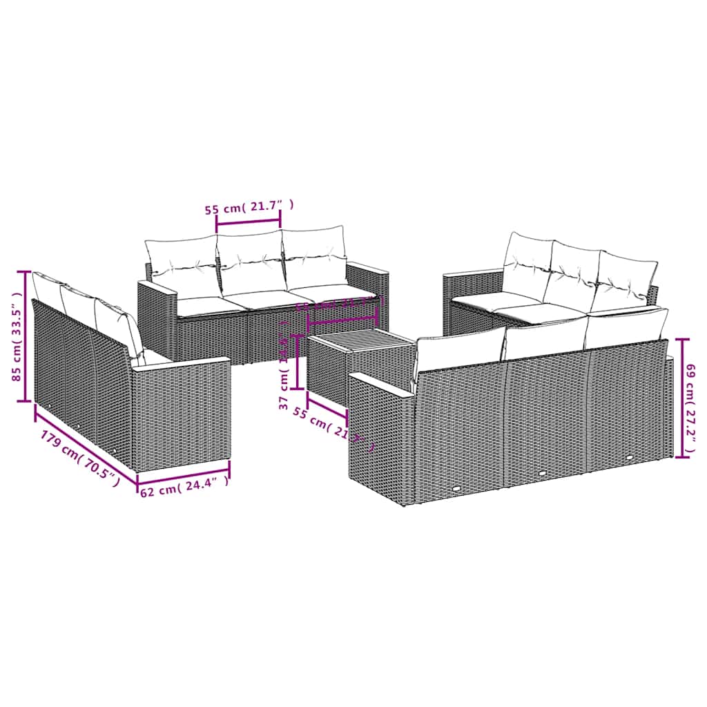 13 Pcs conjunto de sofás de jardim com almofadões vime PE preto