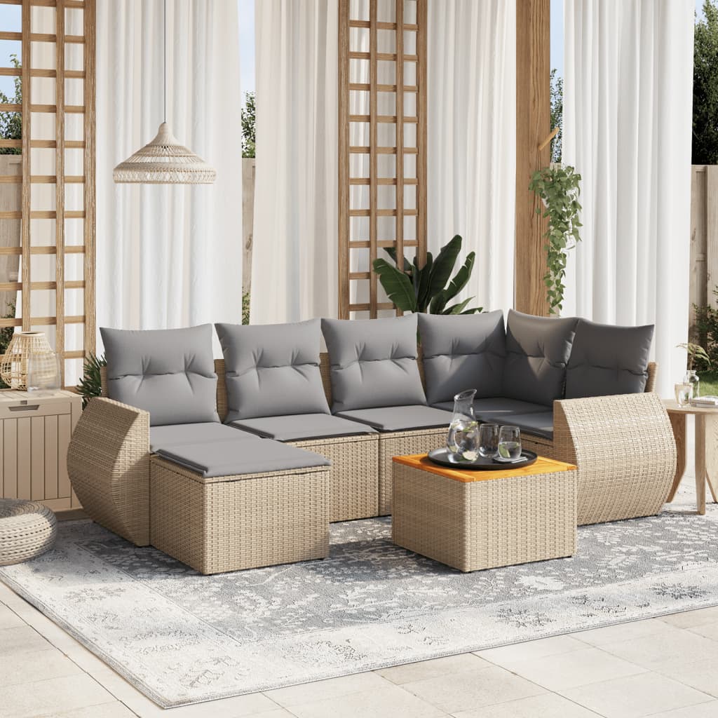 7 Pcs conjunto de sofás p/ jardim com almofadões vime PE bege
