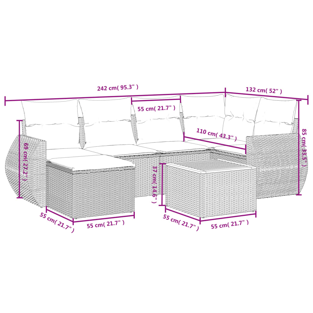 7 Pcs conjunto de sofás p/ jardim com almofadões vime PE bege