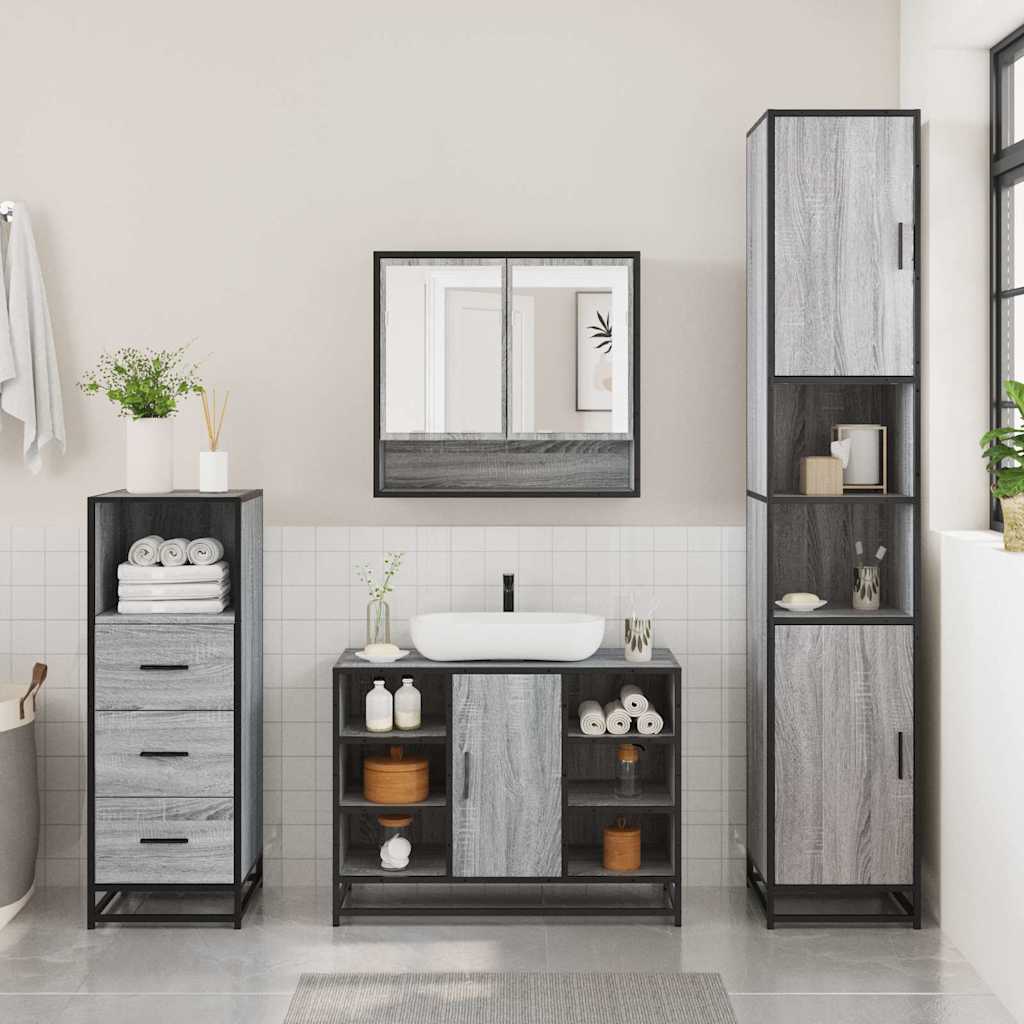 3 Pcs conjunto móveis casa de banho madeira proc. cinza sonoma