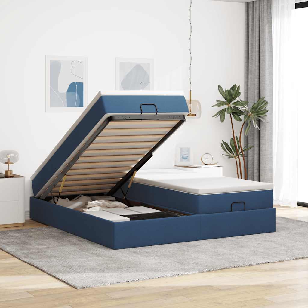 Estrutura de cama otomana com colchões 180x200cm tecido azul