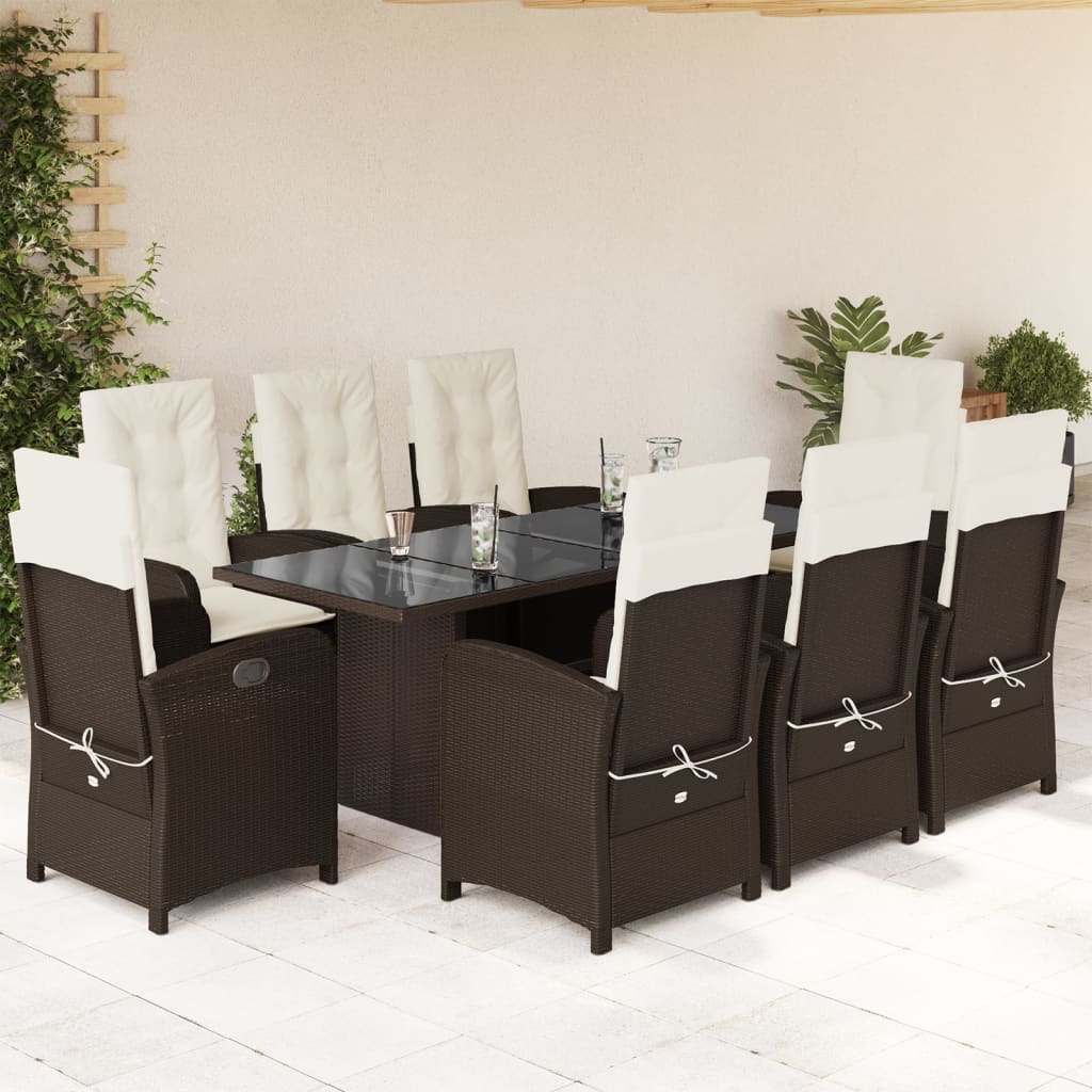 9 Pcs conjunto jantar p/ jardim c/ almofadões vime PE castanho