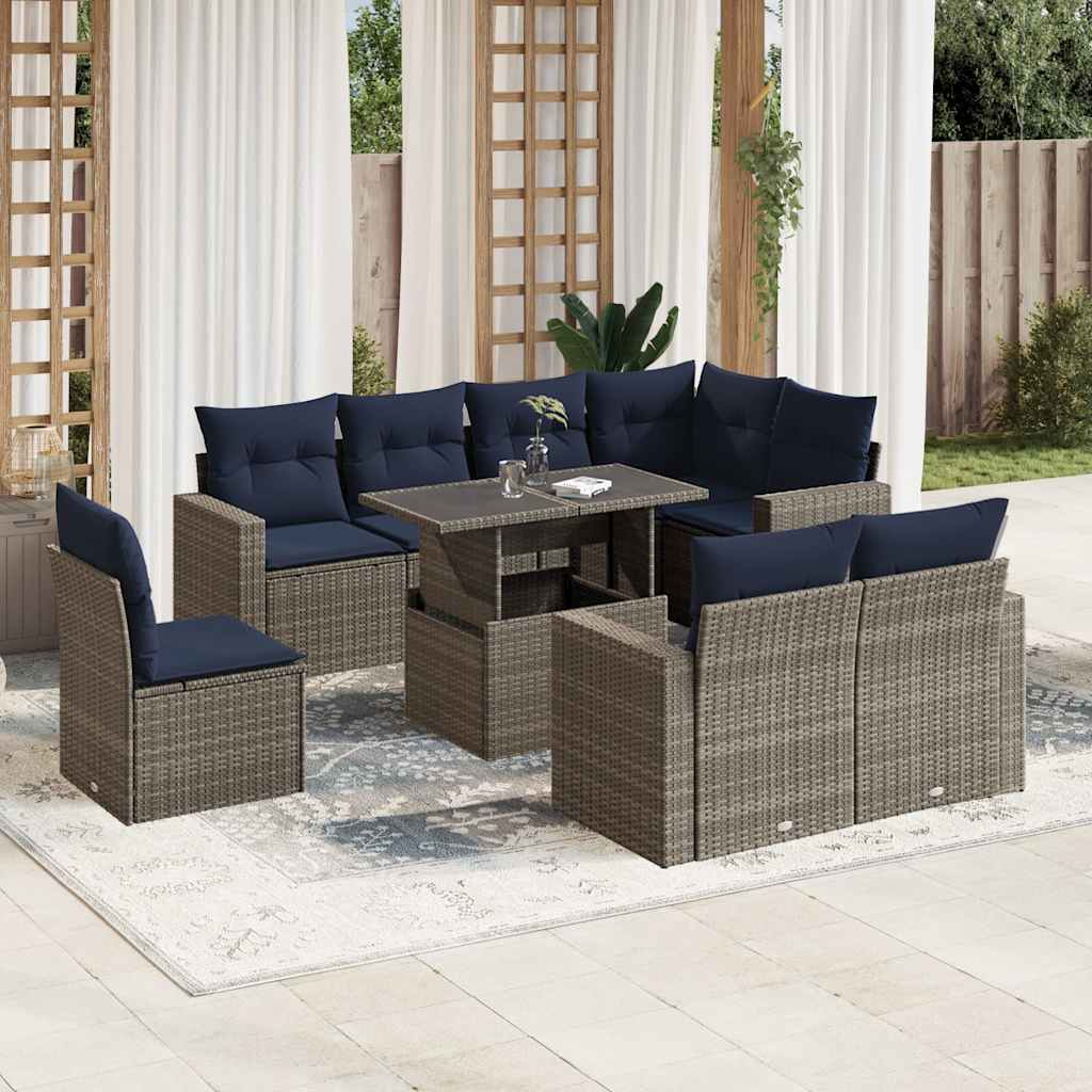 Conjunto de sofá de jardim de 9 peças com almofadas em rattan sintético cinza