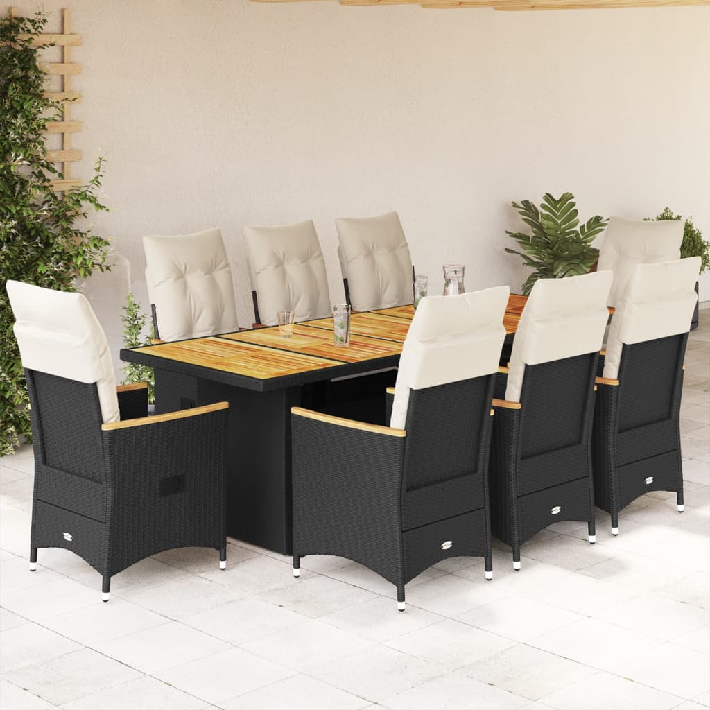 9 Pcs conjunto de bistrô p/ jardim c/ almofadões vime PE preto