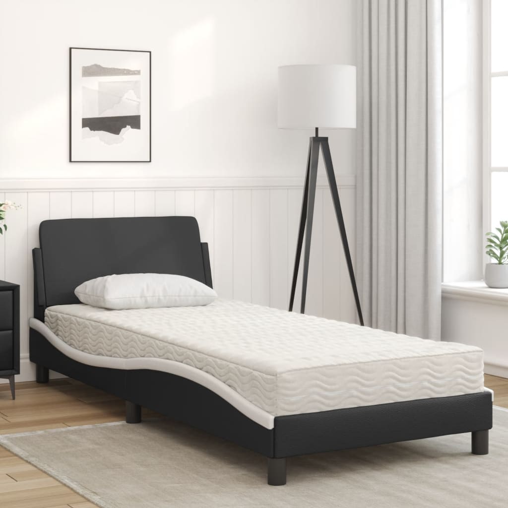 Cama com colchão dover 90x190 cm couro artificial preto e branco