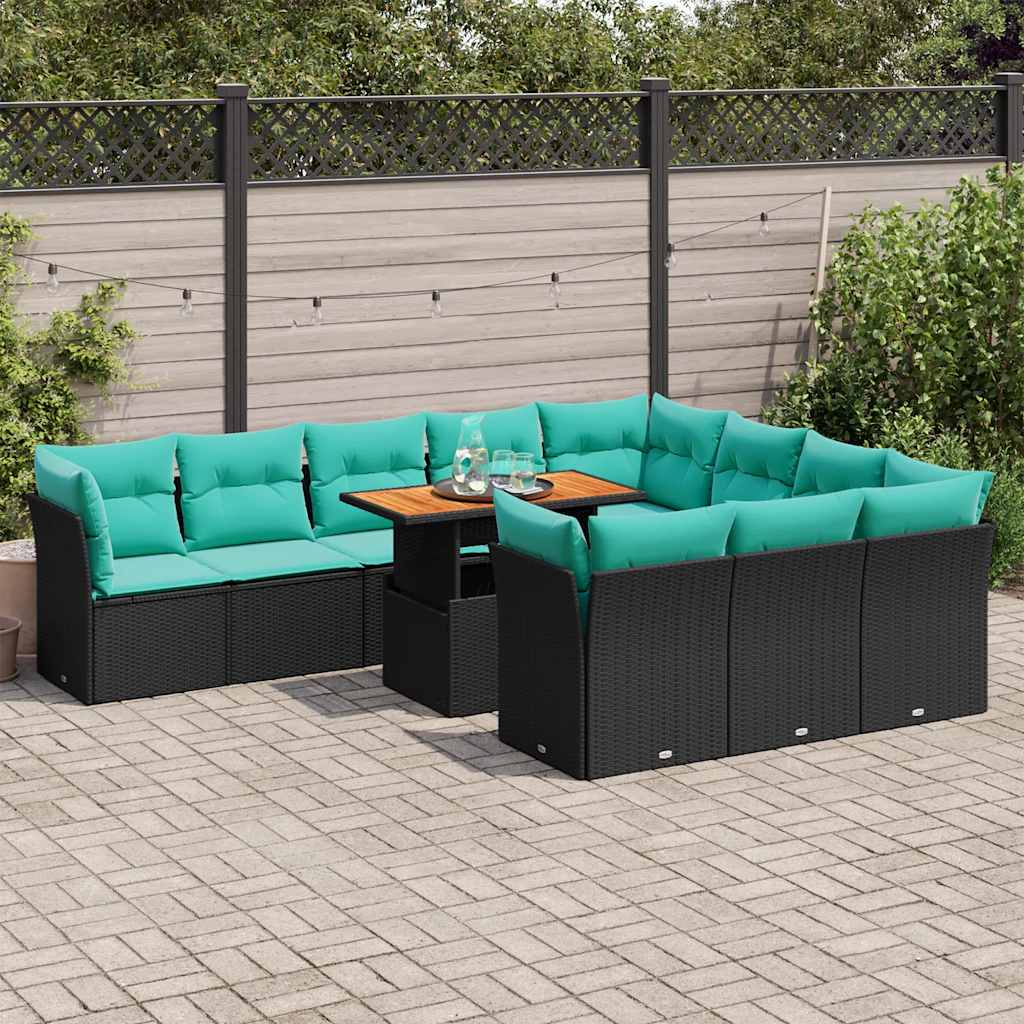 11 Pcs conjunto sofás de jardim c/ almofadões vime PE preto