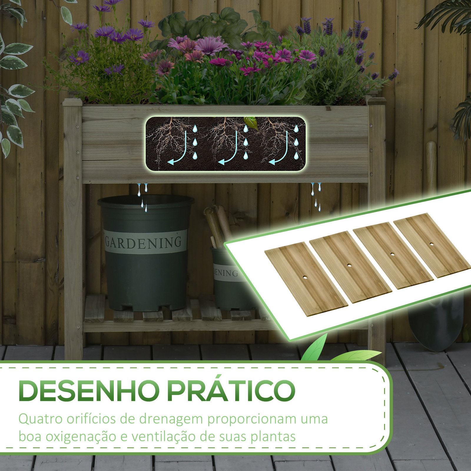Horta Urbana de Madeira com Prateleira Mesa de Cultivo Retangular com Orifícios de Drenagem para Cultivos Plantas Jardim Terraço