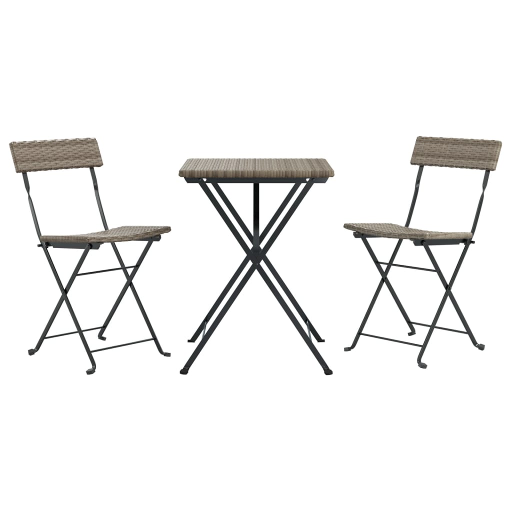 3 Pcs conjunto de bistrô dobrável vime PE cinzento
