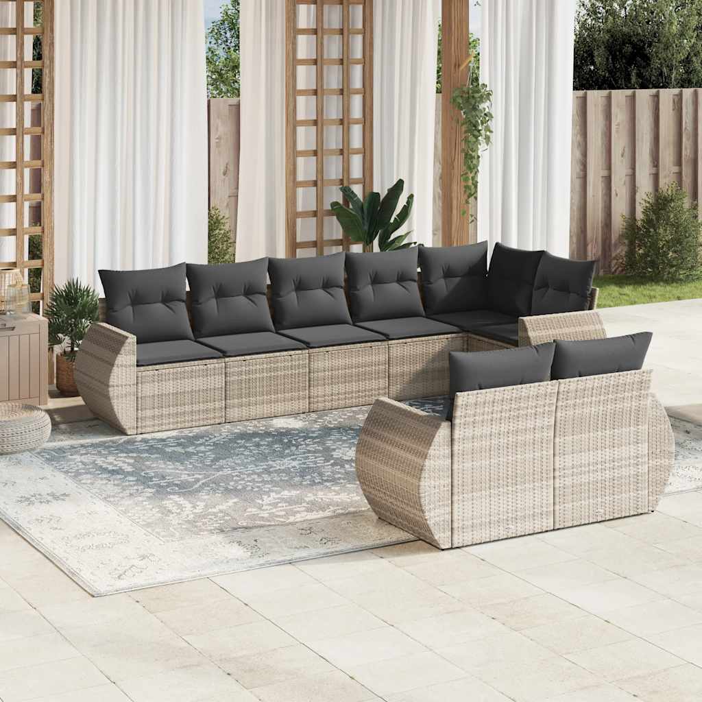 8 Pcs conj. sofás jardim c/ almofadões vime PE cinzento-claro