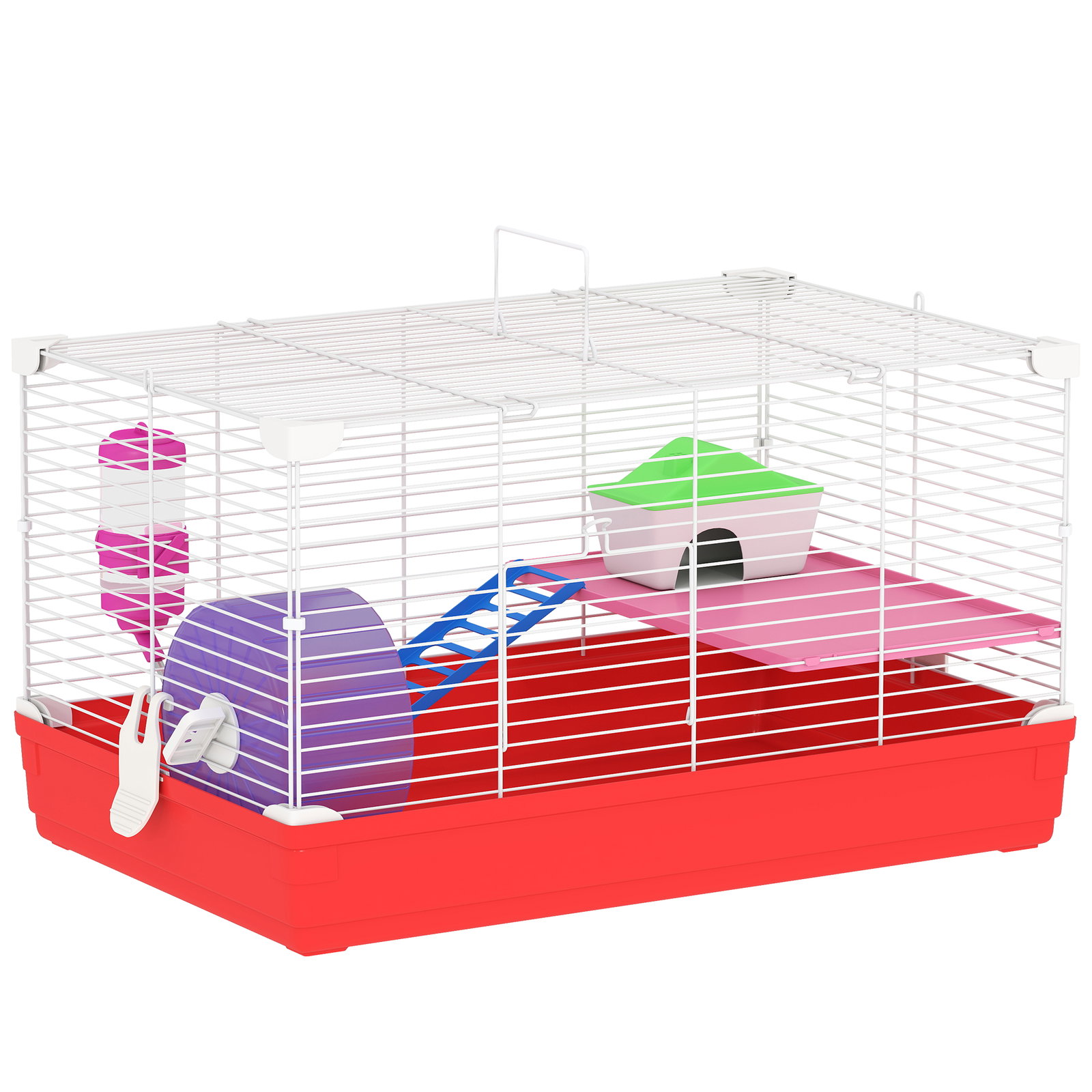 Gaiola para hamster com comedouro bebedouro rampa ropa de exercício para pequenos animais 47x30x27cm branco e vermelho