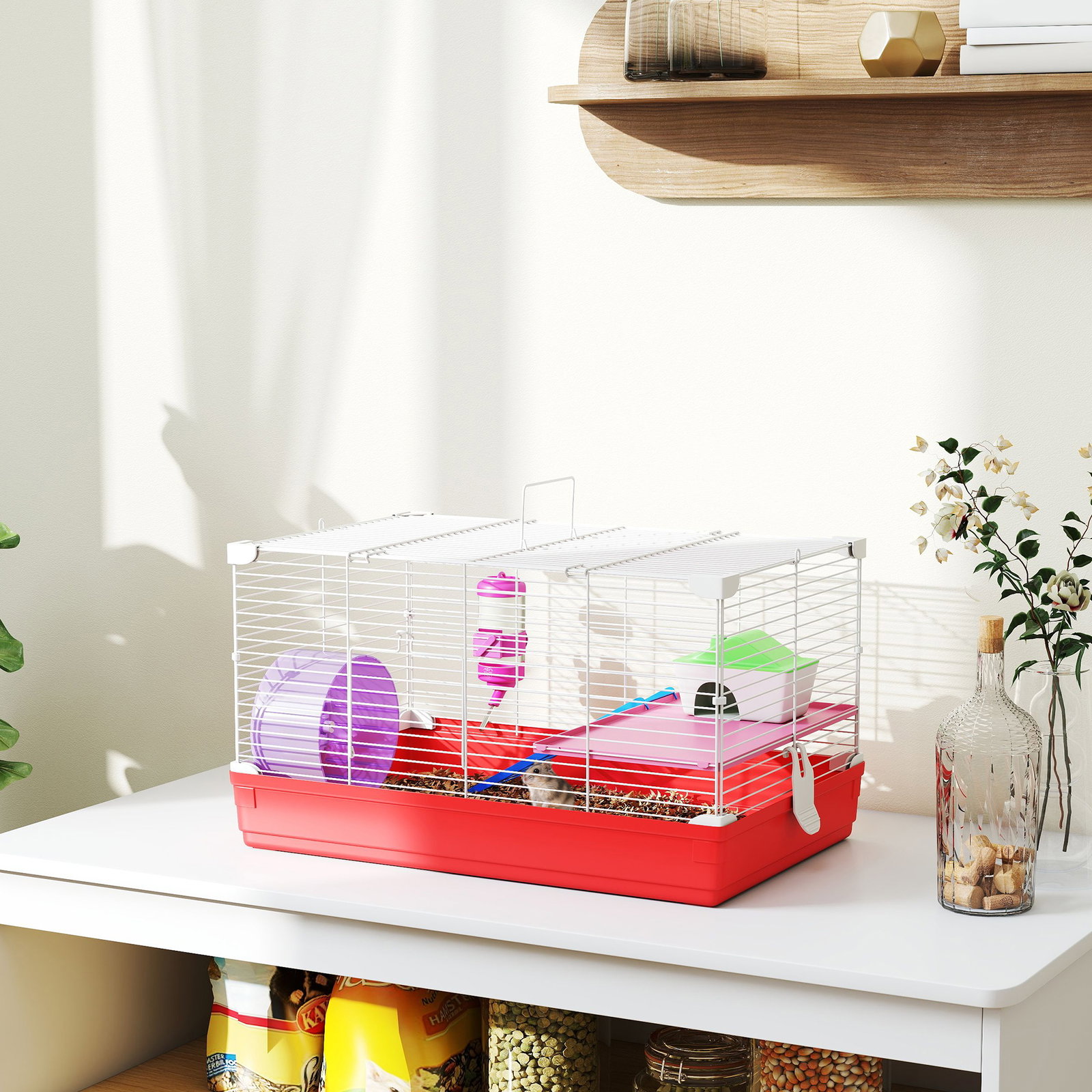 Gaiola para hamster com comedouro bebedouro rampa ropa de exercício para pequenos animais 47x30x27cm branco e vermelho