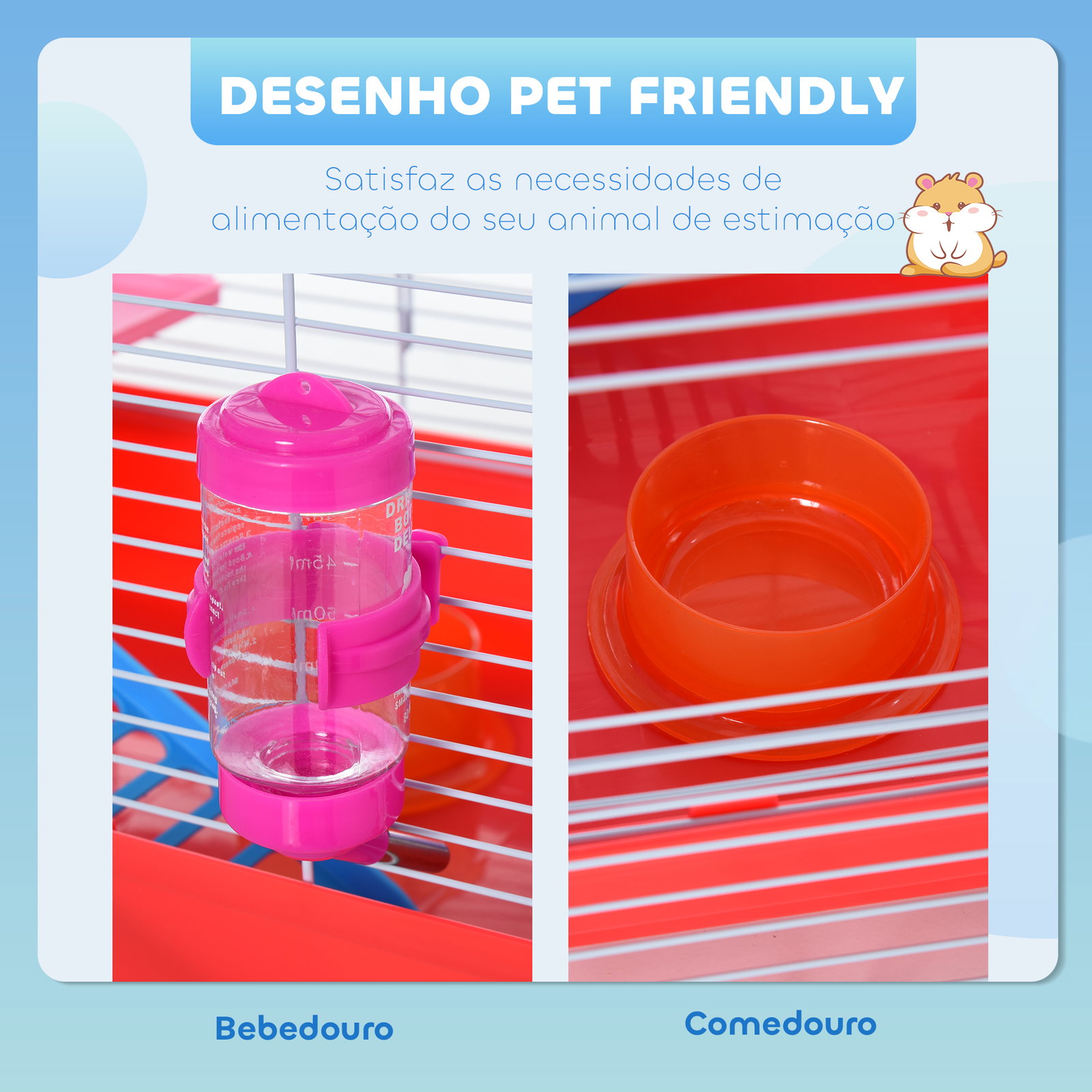 Gaiola para hamster com comedouro bebedouro rampa ropa de exercício para pequenos animais 47x30x27cm branco e vermelho