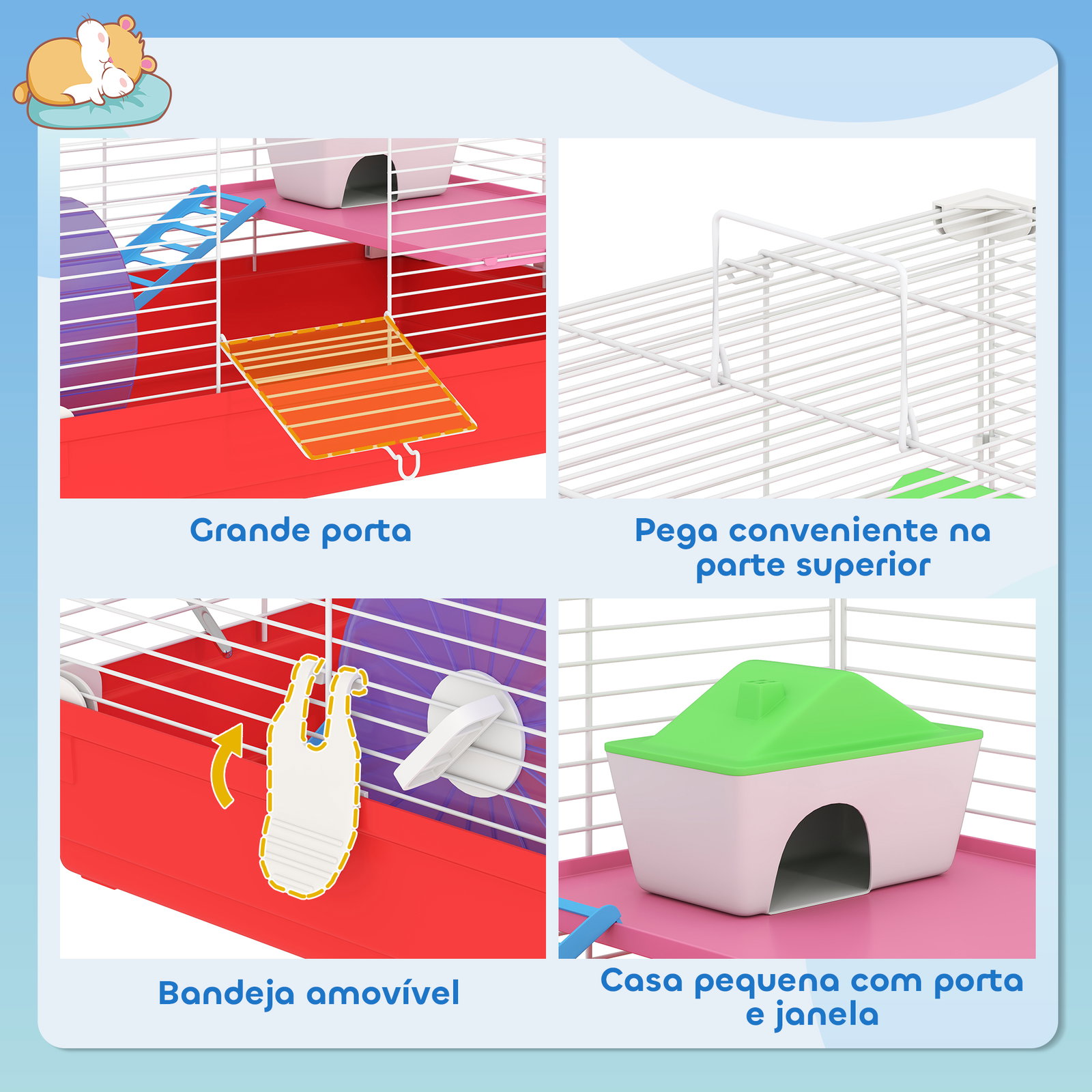Gaiola para hamster com comedouro bebedouro rampa ropa de exercício para pequenos animais 47x30x27cm branco e vermelho