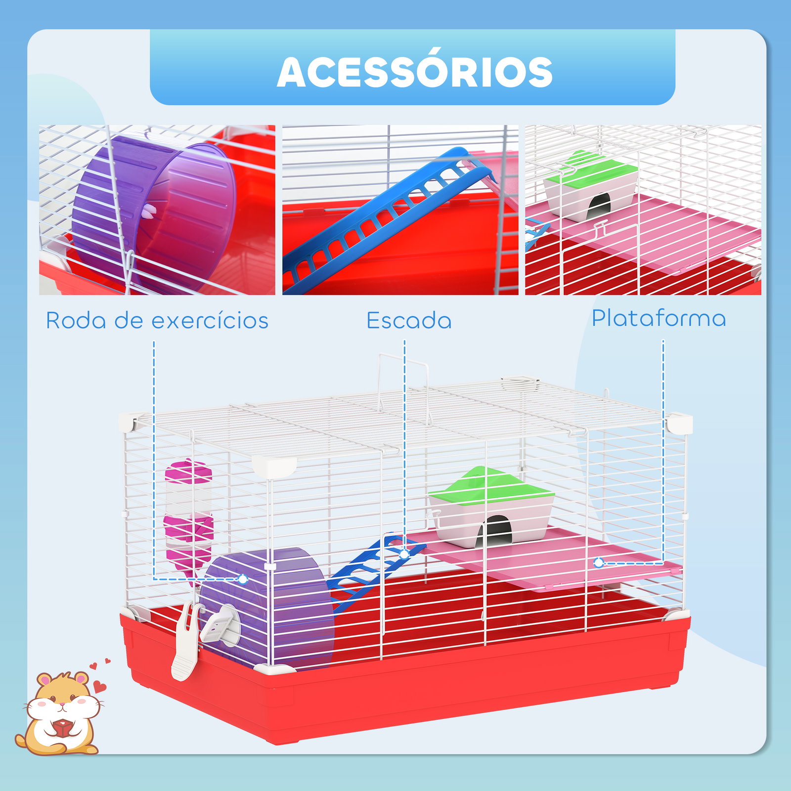Gaiola para hamster com comedouro bebedouro rampa ropa de exercício para pequenos animais 47x30x27cm branco e vermelho