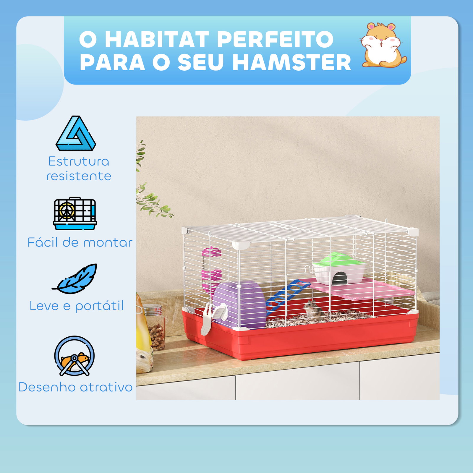 Gaiola para hamster com comedouro bebedouro rampa ropa de exercício para pequenos animais 47x30x27cm branco e vermelho