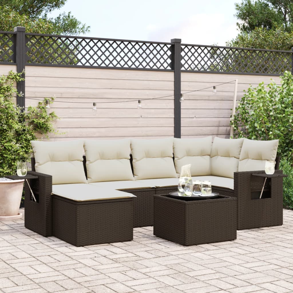 7 Pcs conjunto de sofás jardim c/ almofadões vime PE castanho