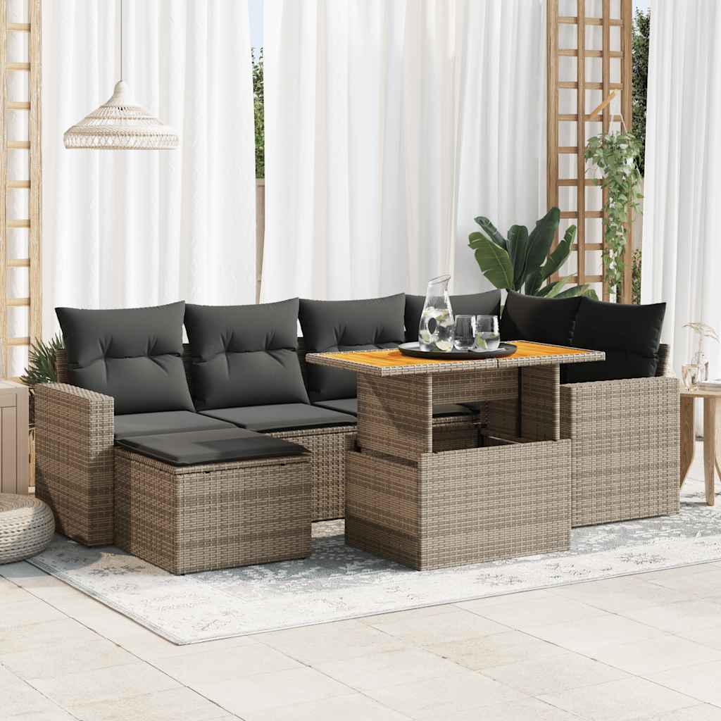 7 Pcs conjunto sofás p/ jardim c/ almofadões vime PE cinzento