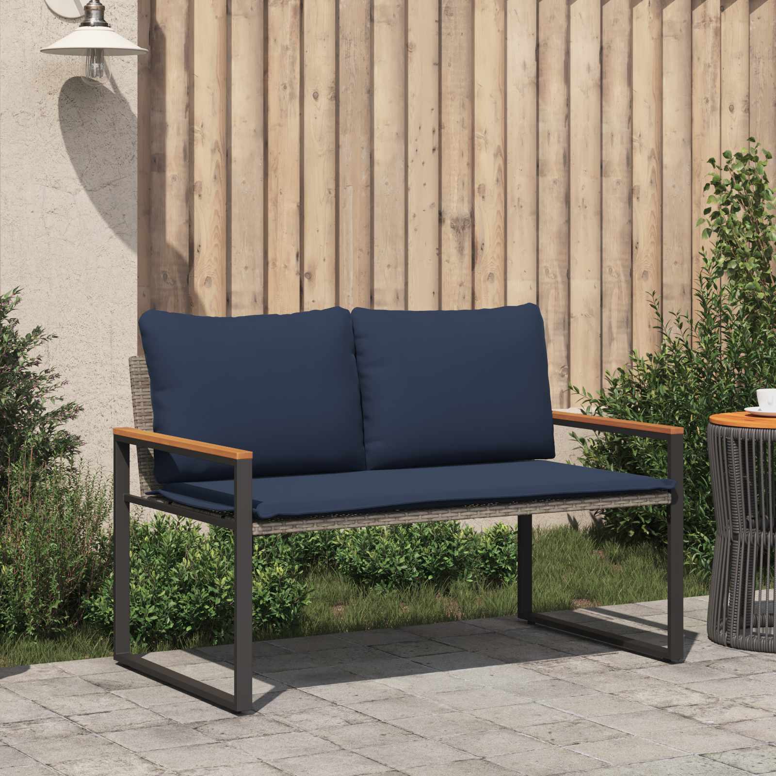 Banco com almofada cinza e azul marinho 115 x 65 x 72 cm vime