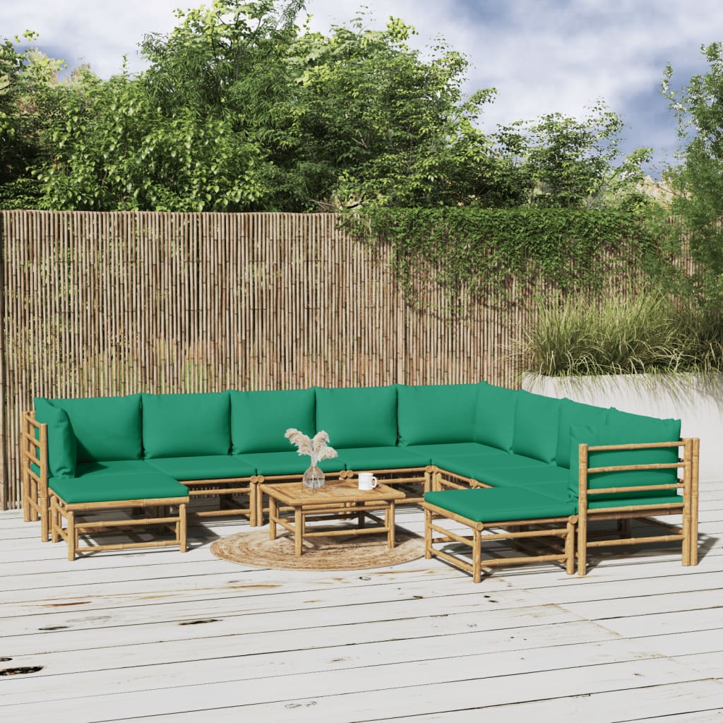 11 Pcs conjunto lounge de jardim bambu c/ almofadões verdes