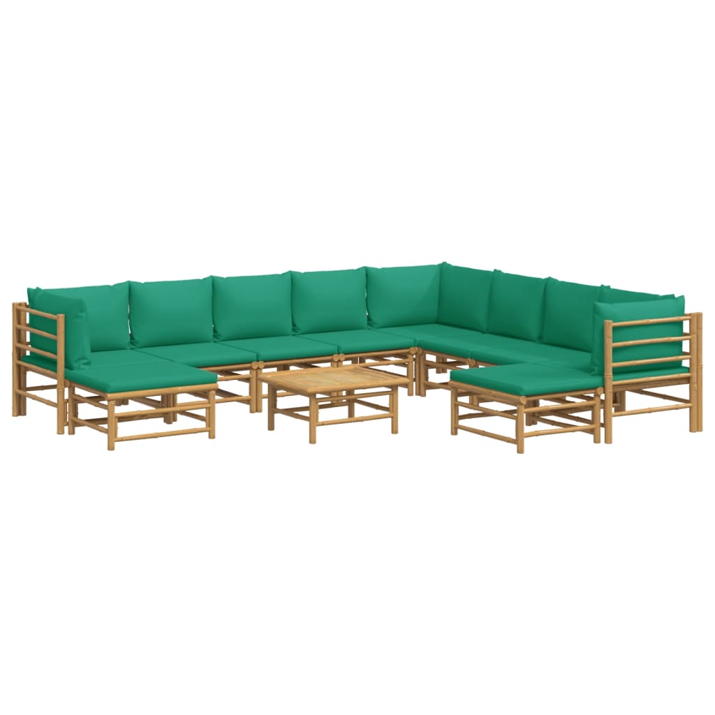 11 Pcs conjunto lounge de jardim bambu c/ almofadões verdes