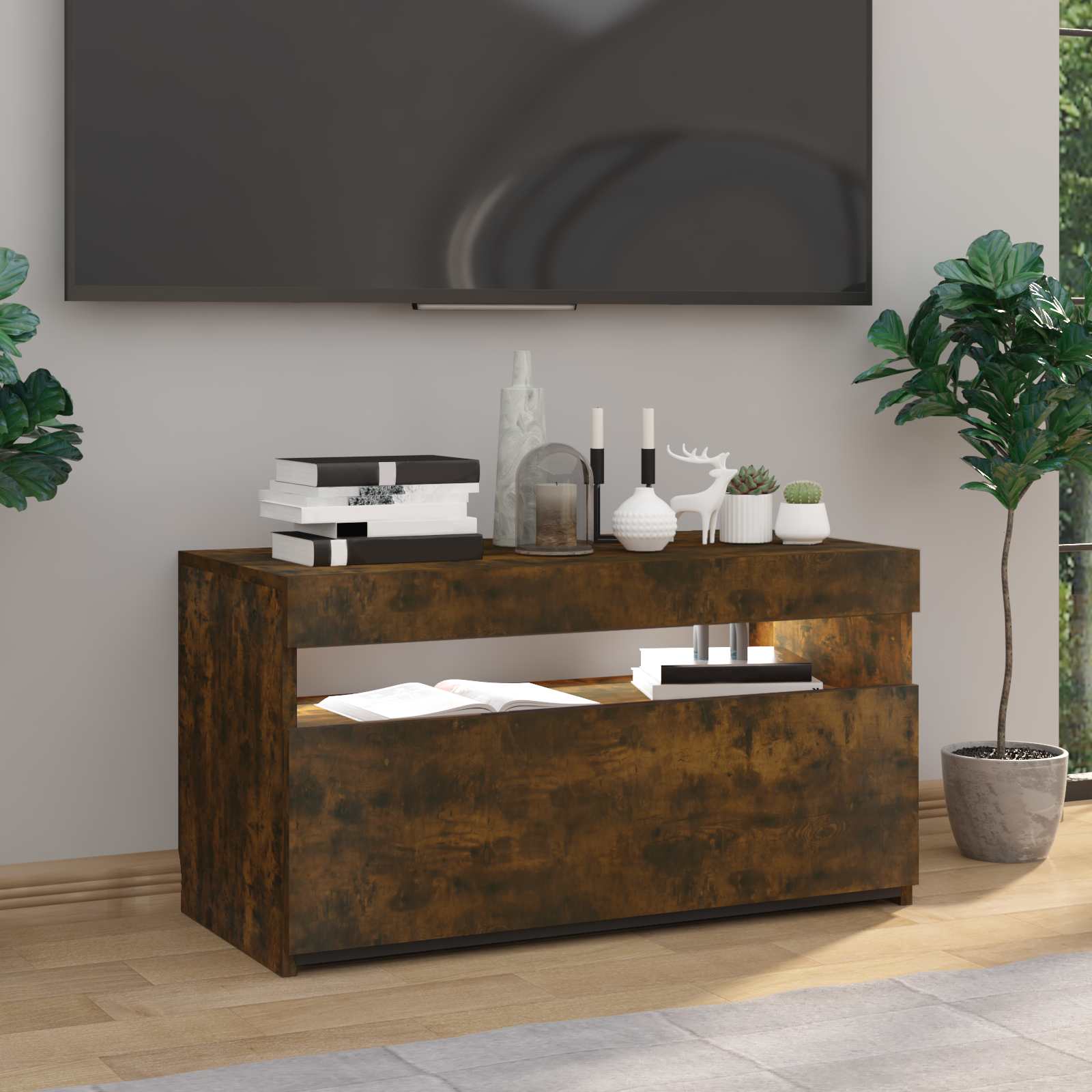 Móvel de TV com luzes LED 75x35x40 cm carvalho fumado