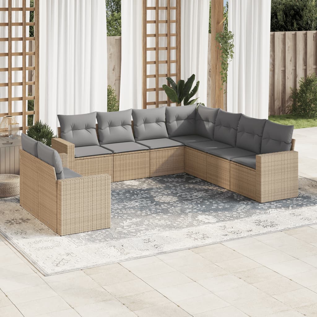 9 Pcs conjunto de sofás p/ jardim com almofadões vime PE bege