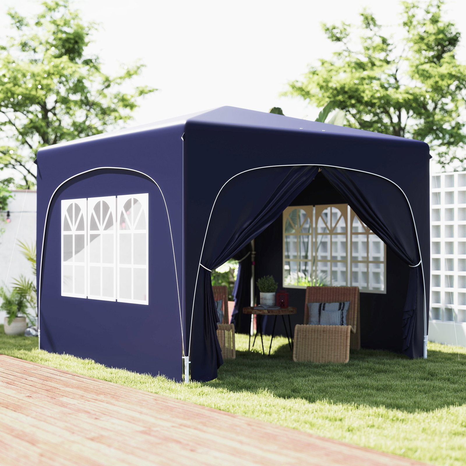Tenda dobrável 3x3 m com painéis laterais upf50+ tenda de jardim com altura ajustável e bolsa de transporte azul escuro