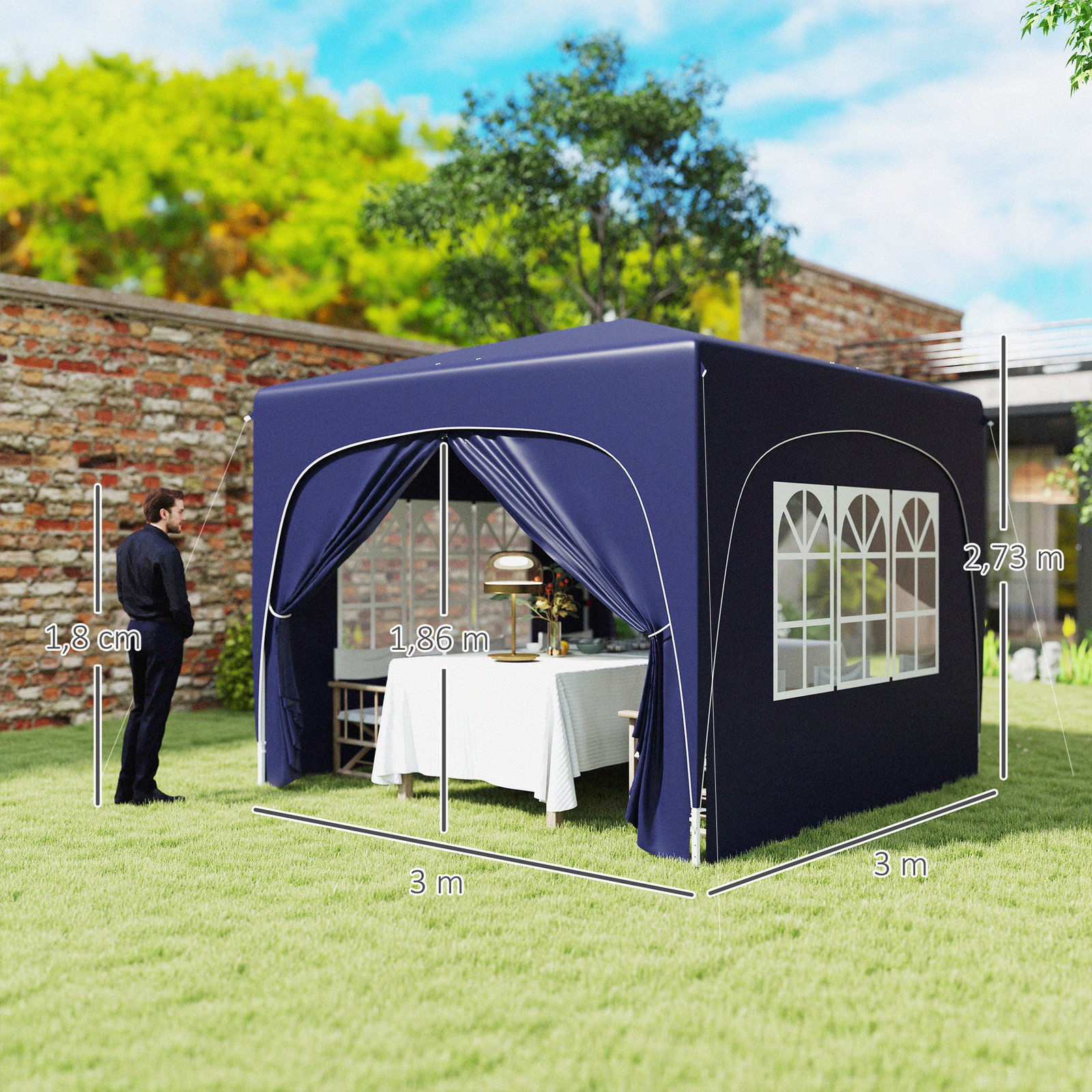 Tenda dobrável 3x3 m com painéis laterais upf50+ tenda de jardim com altura ajustável e bolsa de transporte azul escuro
