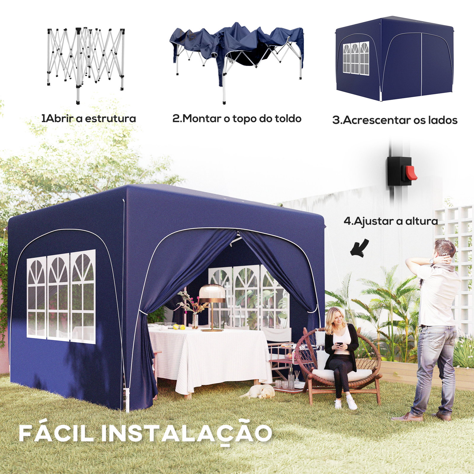 Tenda dobrável 3x3 m com painéis laterais upf50+ tenda de jardim com altura ajustável e bolsa de transporte azul escuro