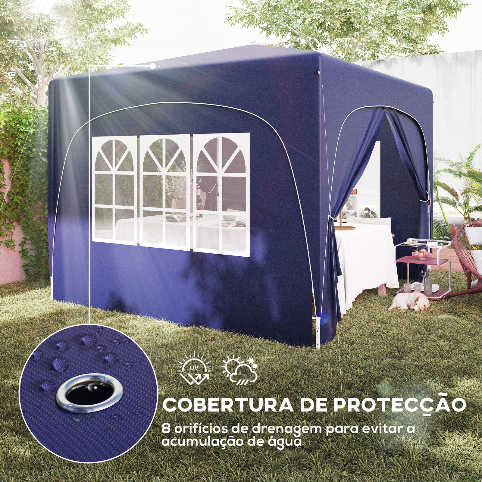 Tenda dobrável 3x3 m com painéis laterais upf50+ tenda de jardim com altura ajustável e bolsa de transporte azul escuro