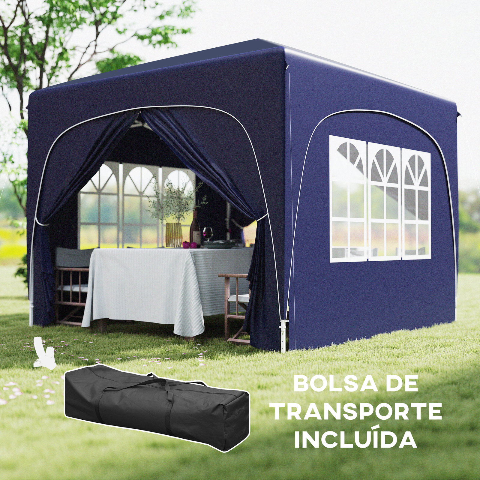 Tenda dobrável 3x3 m com painéis laterais upf50+ tenda de jardim com altura ajustável e bolsa de transporte azul escuro