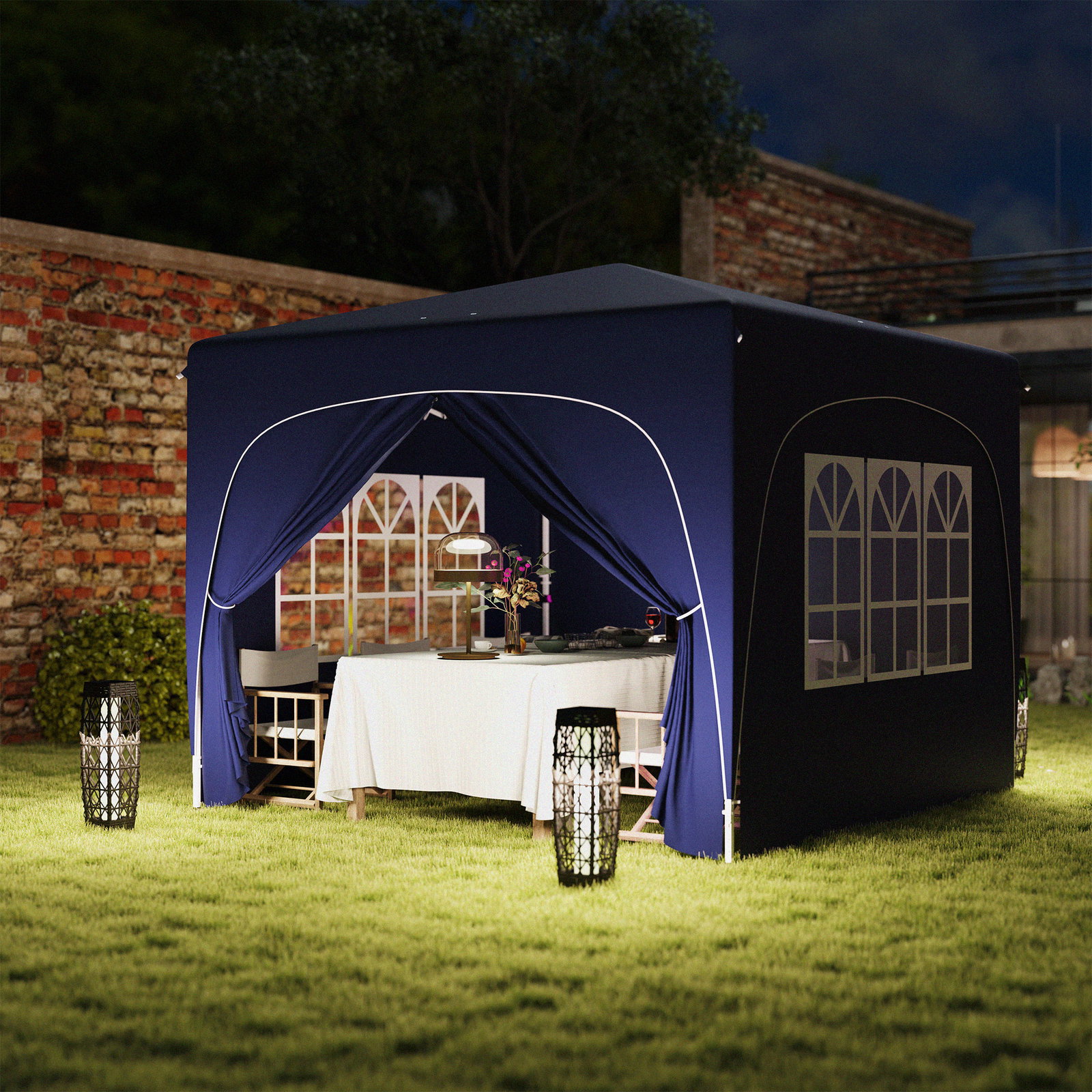 Tenda dobrável 3x3 m com painéis laterais upf50+ tenda de jardim com altura ajustável e bolsa de transporte azul escuro