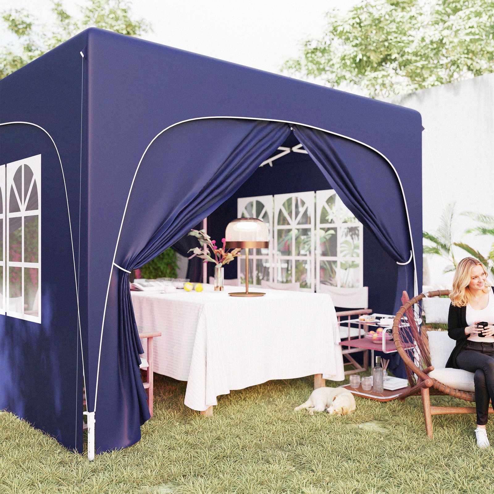 Tenda dobrável 3x3 m com painéis laterais upf50+ tenda de jardim com altura ajustável e bolsa de transporte azul escuro