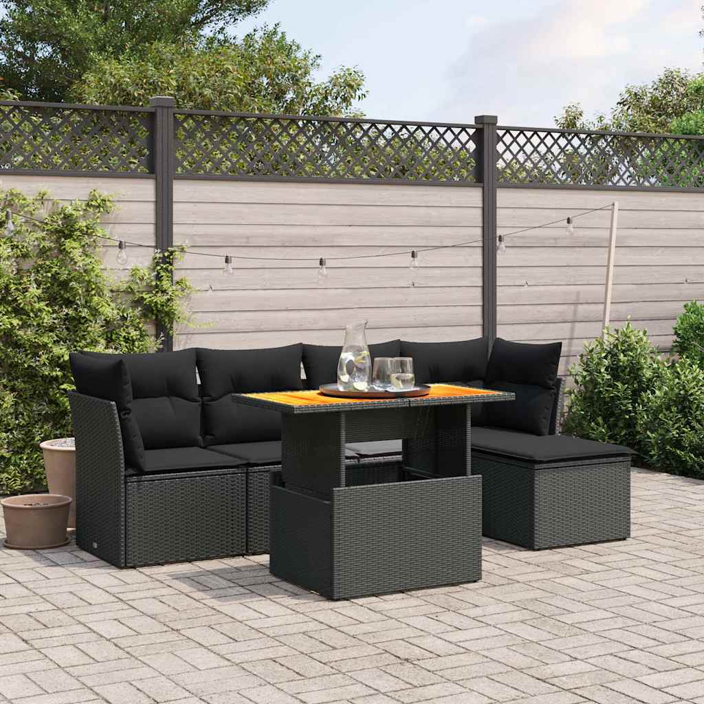 6 Pcs conjunto sofás de jardim c/ almofadões vime PE preto