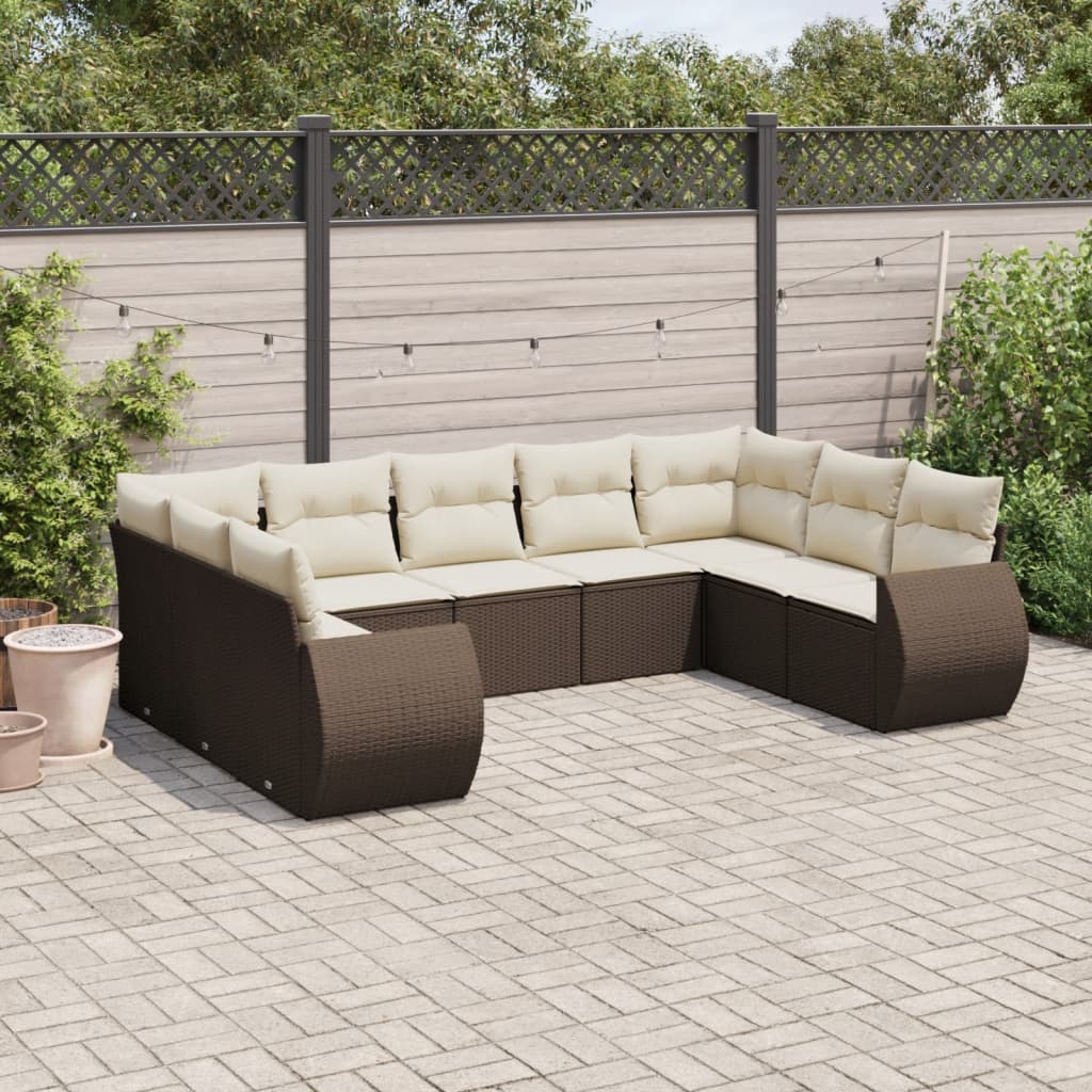 9 Pcs conjunto sofás p/ jardim c/ almofadões vime PE castanho