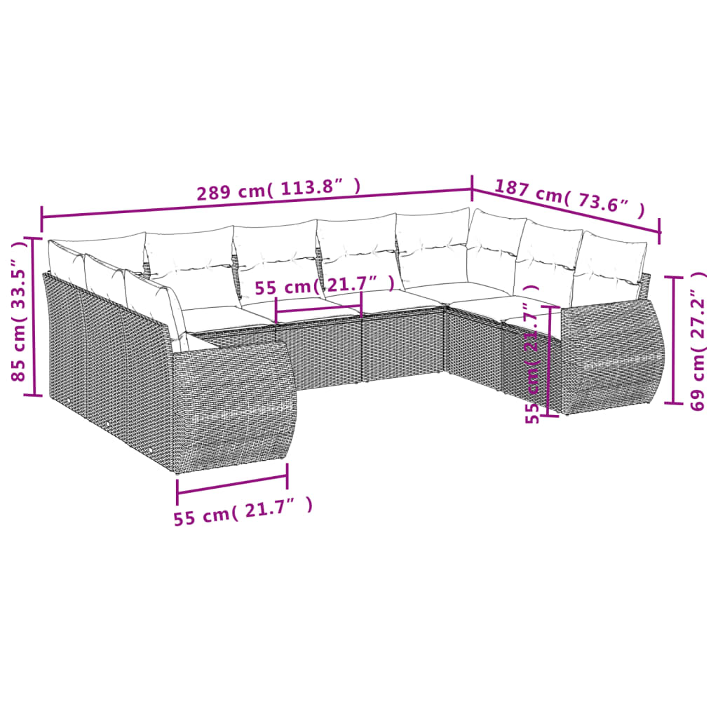 9 Pcs conjunto sofás p/ jardim c/ almofadões vime PE castanho