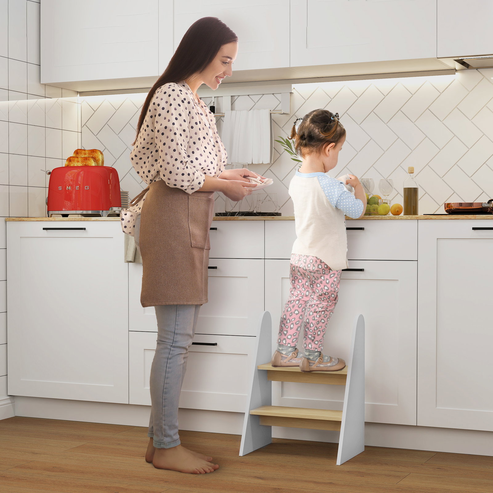 Banco para crianças de 2 degraus torre de aprendizagem escada para crianças acima de 3 anos para casa de banho cozinha 43x30x55 cm branco