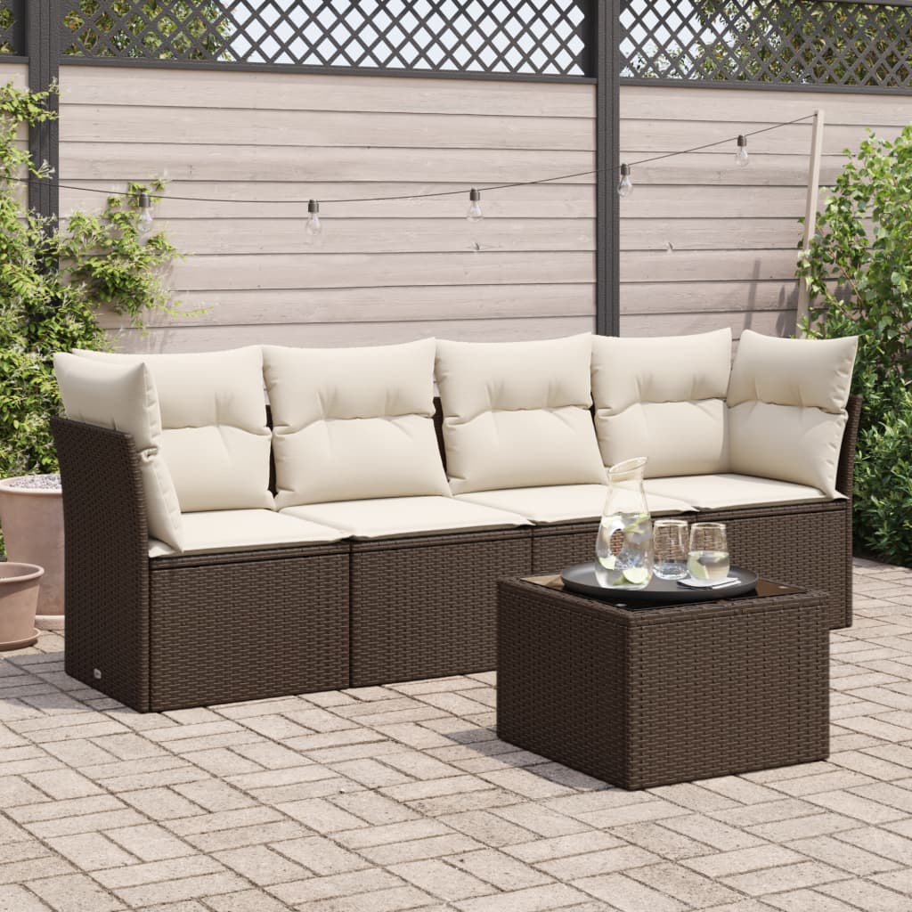 5 Pcs conjunto sofás p/ jardim c/ almofadões vime PE castanho